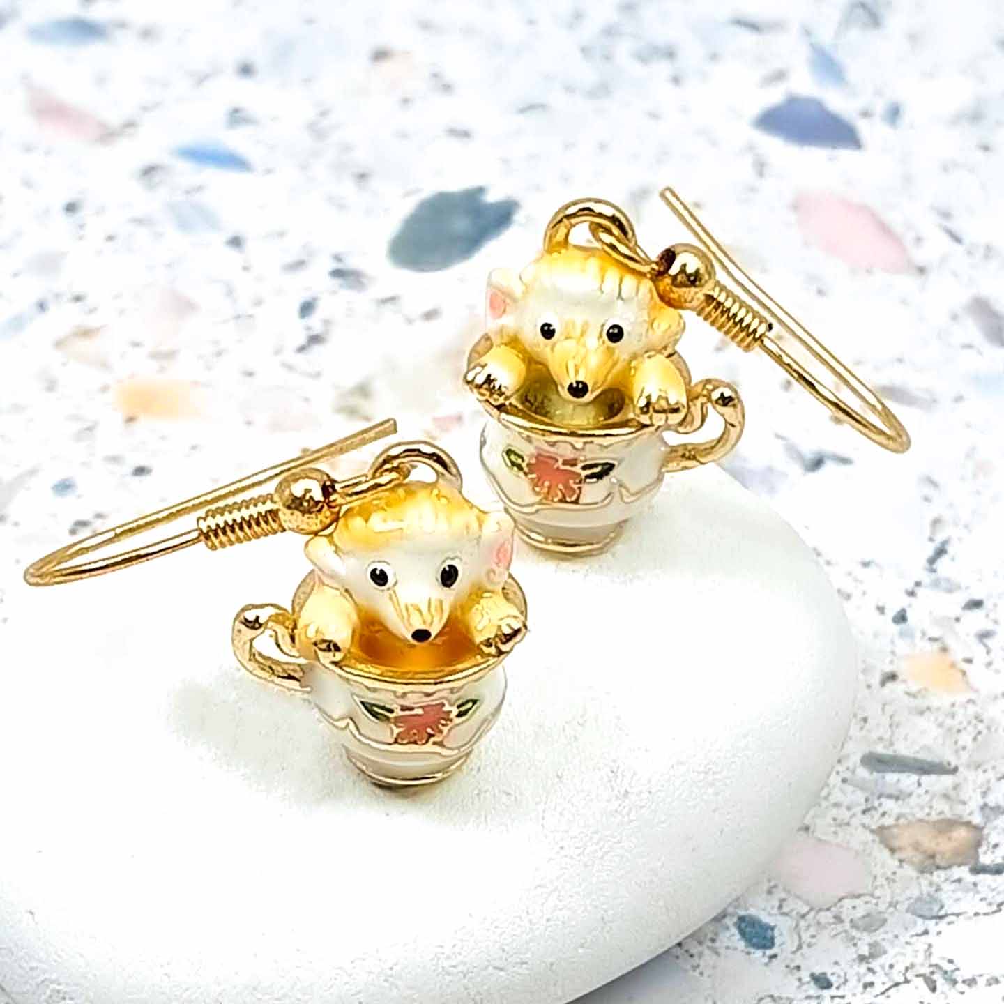 Whimsical Mouse in Teacup Earrings – Handpainted Enamel Gold-Plated Statement Jewelry