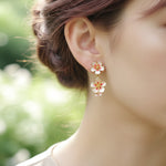 Floral earrings worn by a person with a blurred natural background
