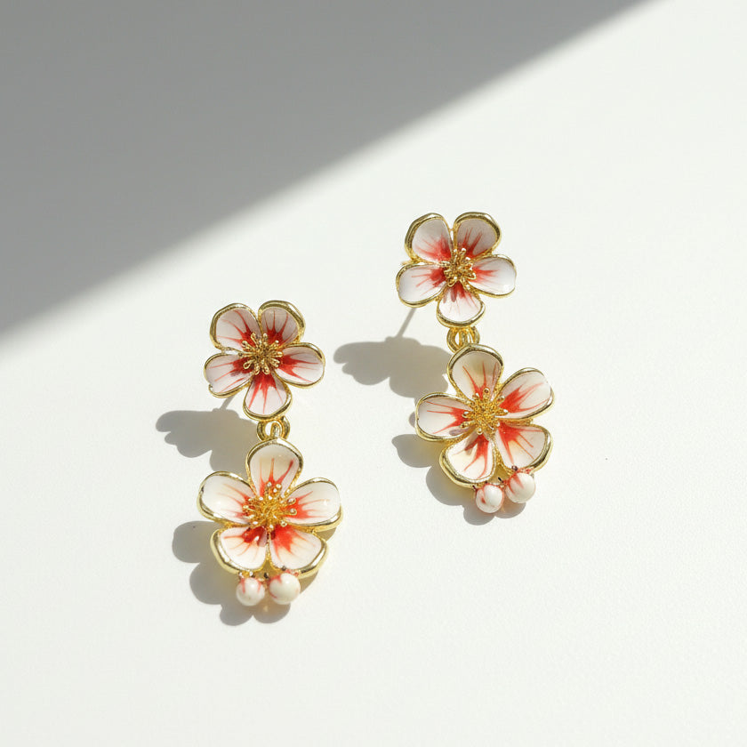 Floral earrings with gold accents on a white background