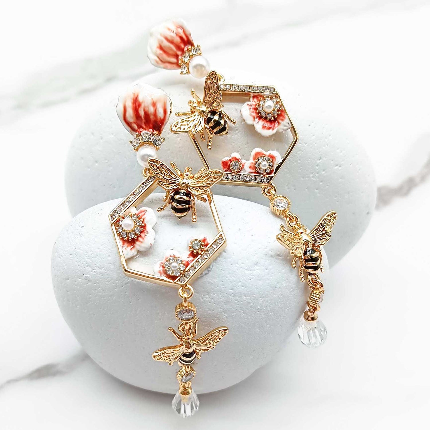 Hand-Painted Bee & Flower Drop Earrings – Enamel Honeycomb Design with Crystals