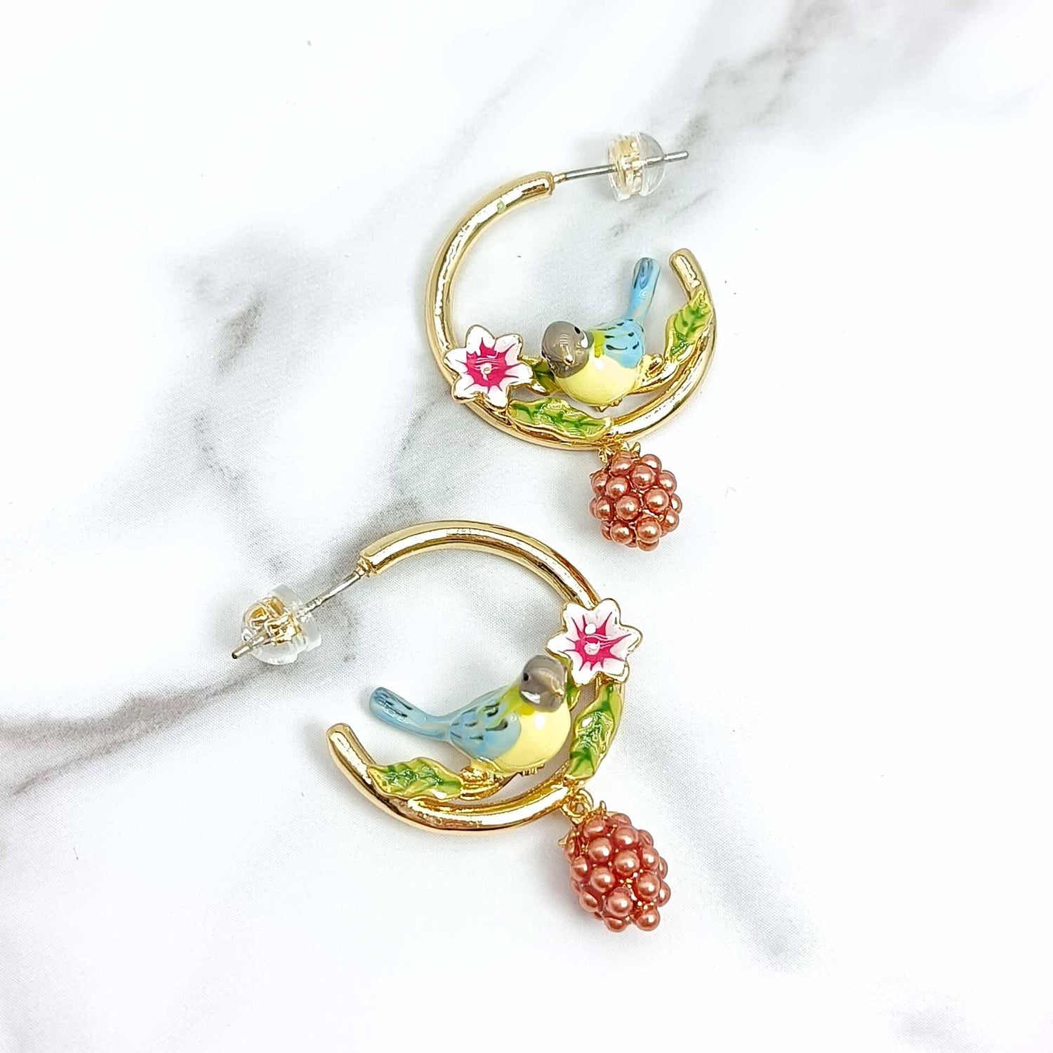 Blue Tit Bird Raspberry Hoop Earrings