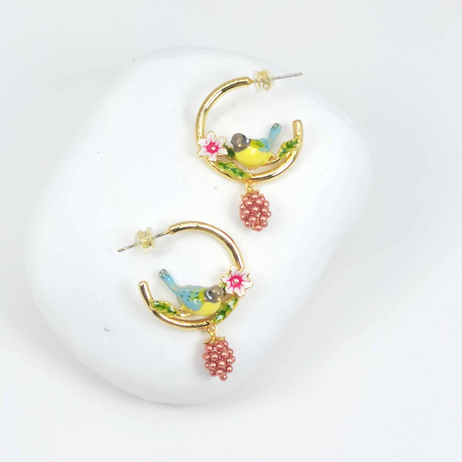 Blue Tit Bird Raspberry Hoop Earrings