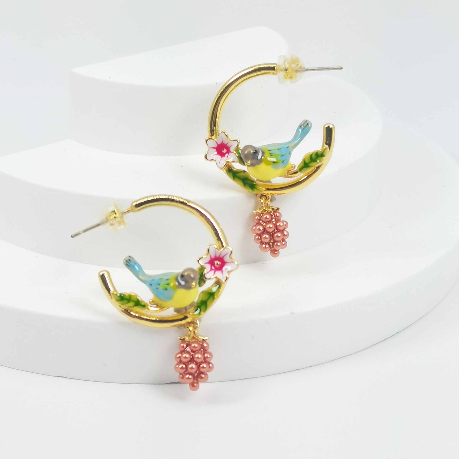 Blue Tit Bird Raspberry Hoop Earrings