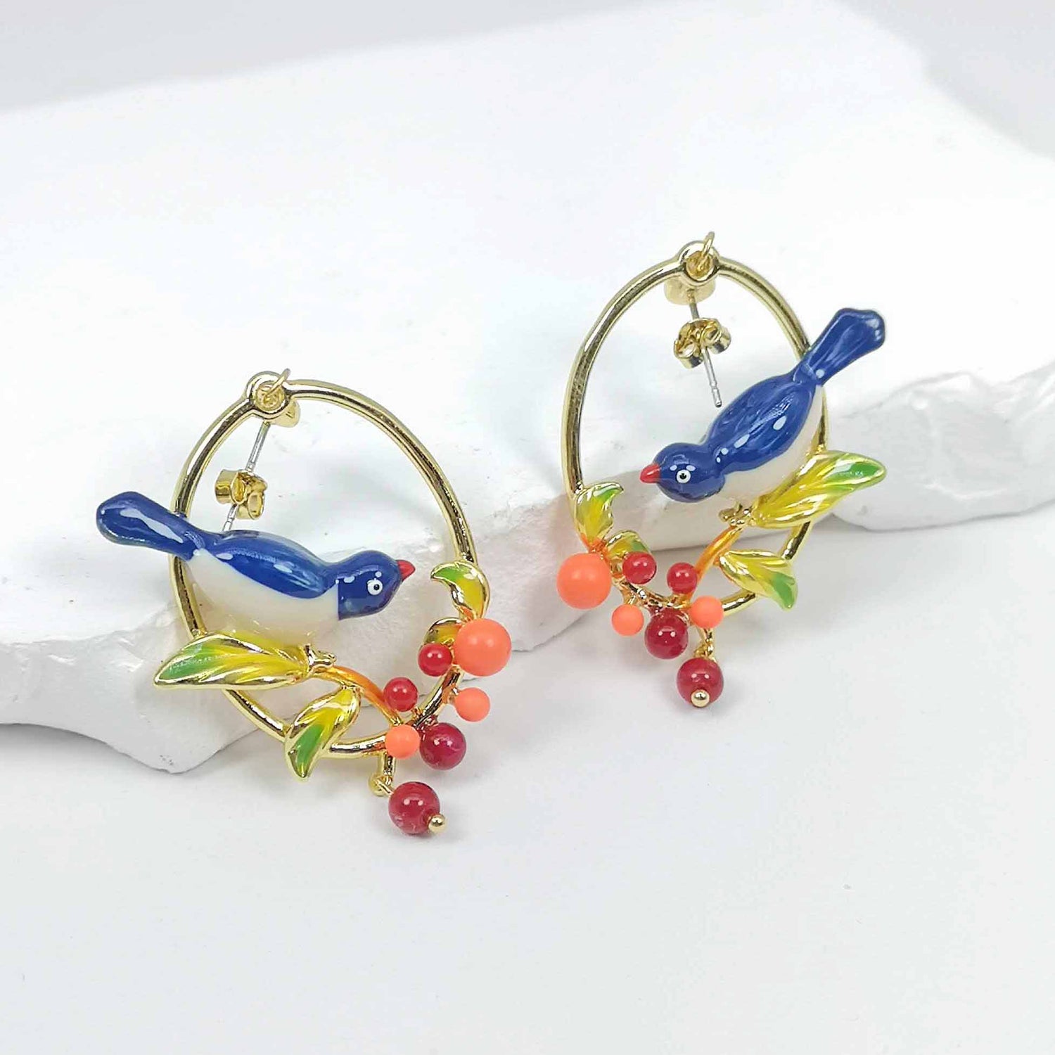 Hand-Painted Blue Bird and Berry Hoop Earrings – Brass Enamel Statement Jewelry