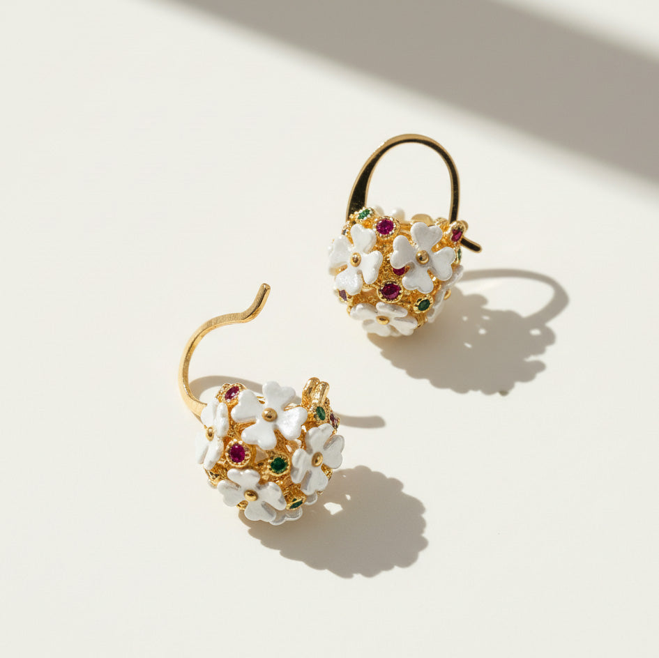 White Floral Cluster Hoop Earrings with CZ Accents