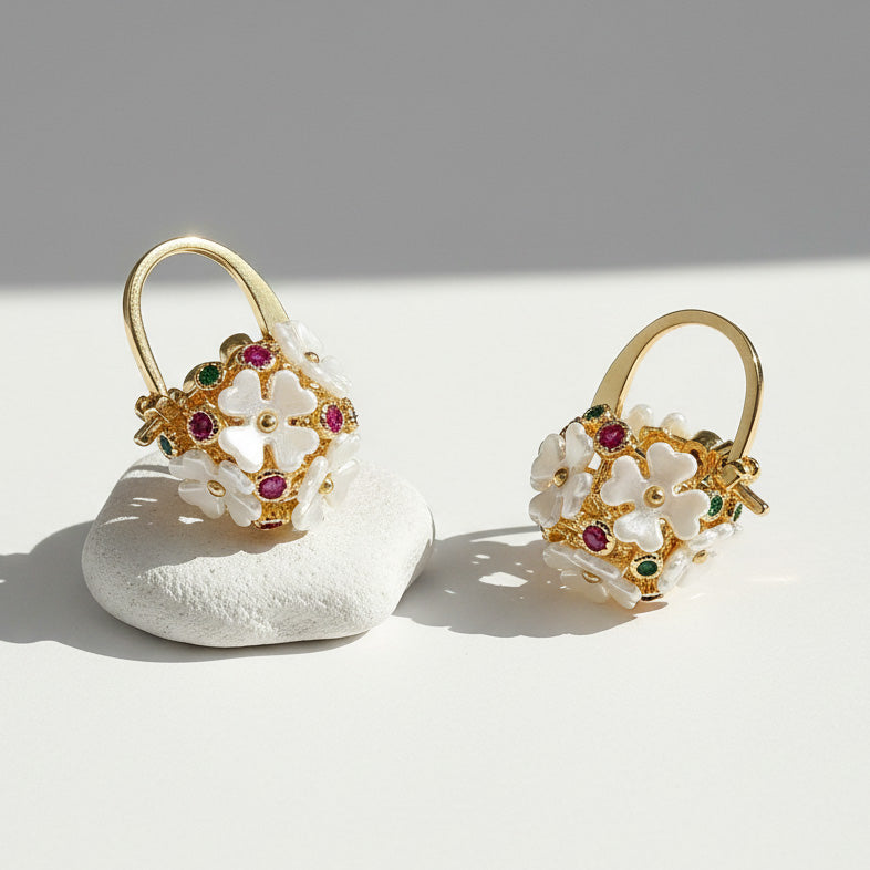 White Floral Cluster Hoop Earrings with CZ Accents