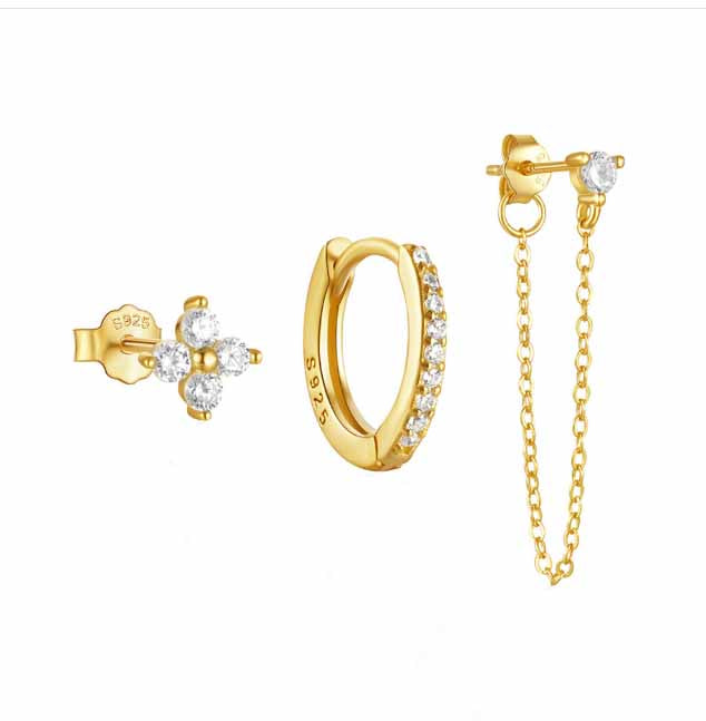 Sparkling Trio: 3-Piece Earring Set in Silver & Gold – Cubic Zirconia & Chain Accents