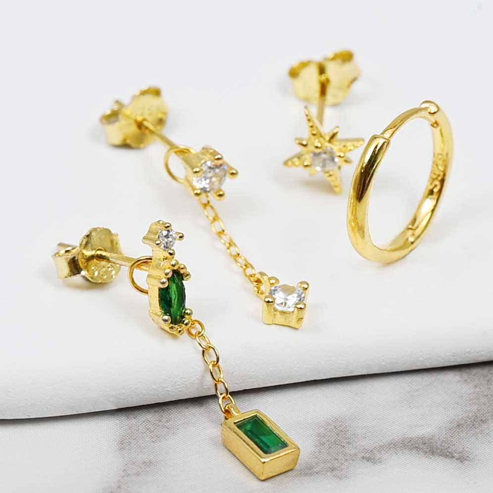Green and Gold Earring Set – 6-Piece 925 Silver Gold-Plated Mix for Stylish Layering