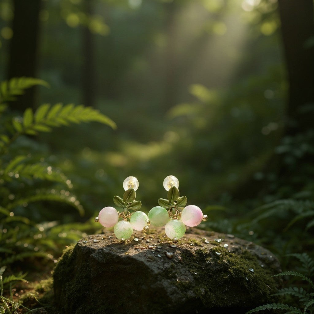 Jewelry set on a rock with sunlight filtering through trees