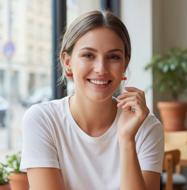 Woman wearing a white shirt with red earrings in an indoor setting