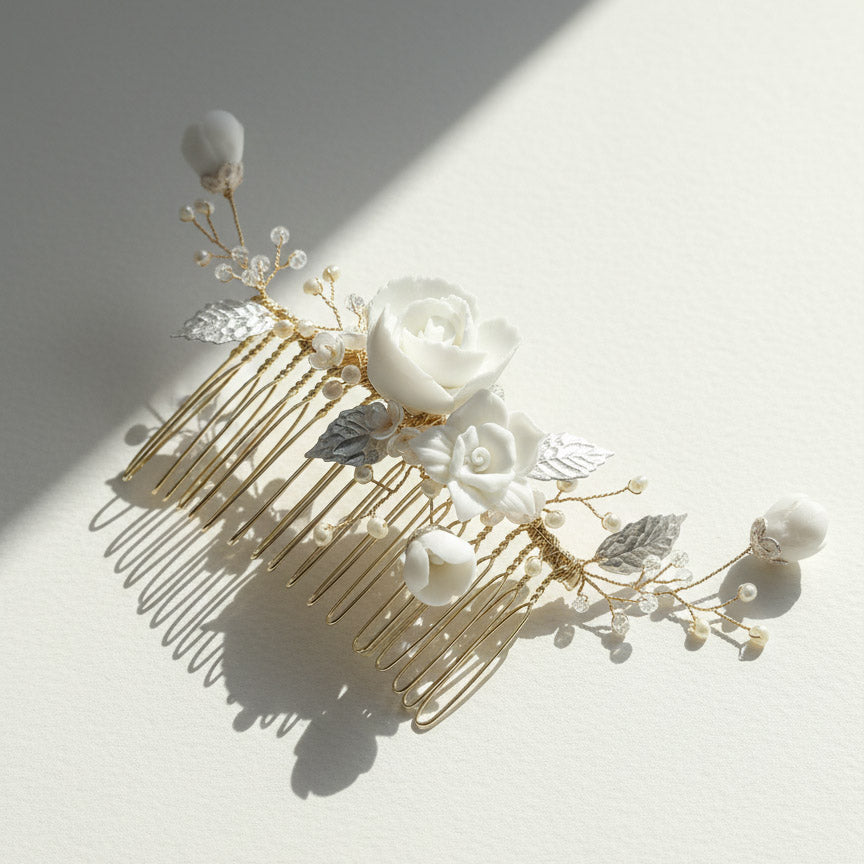 Close-up of gold bridal hair comb with porcelain flowers and freshwater pearls.
