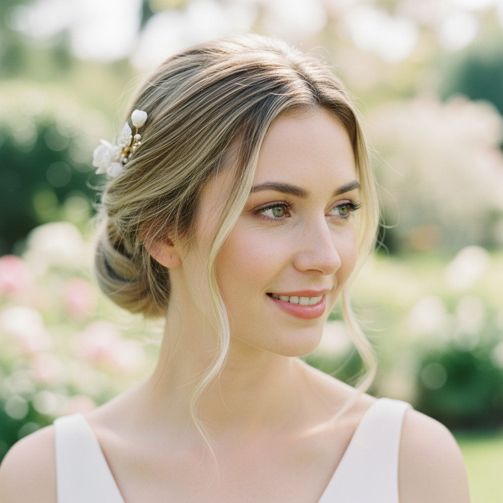 Bride with porcelain pearl hair comb styled in romantic low bun, A2K London.
