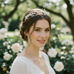 Handcrafted porcelain and freshwater pearl bridal tiara headpiece on neutral background.