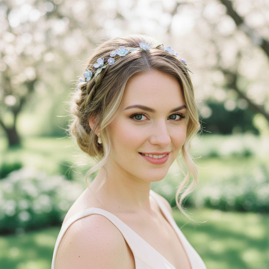 Woman with floral hair accessory in a park setting