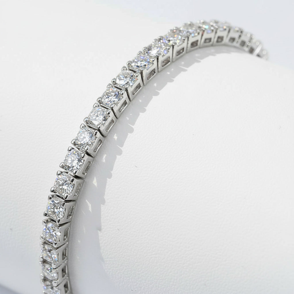 Close-up of platinum S925 moissanite tennis bracelet with 3mm D/VVS1 stones