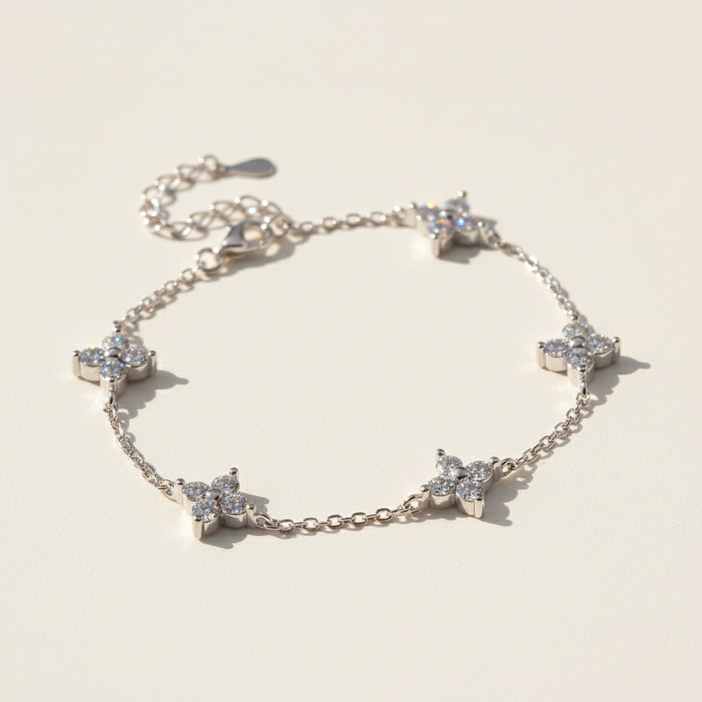 Lab-grown moissanite flower bracelet with 3mm stones and delicate chain