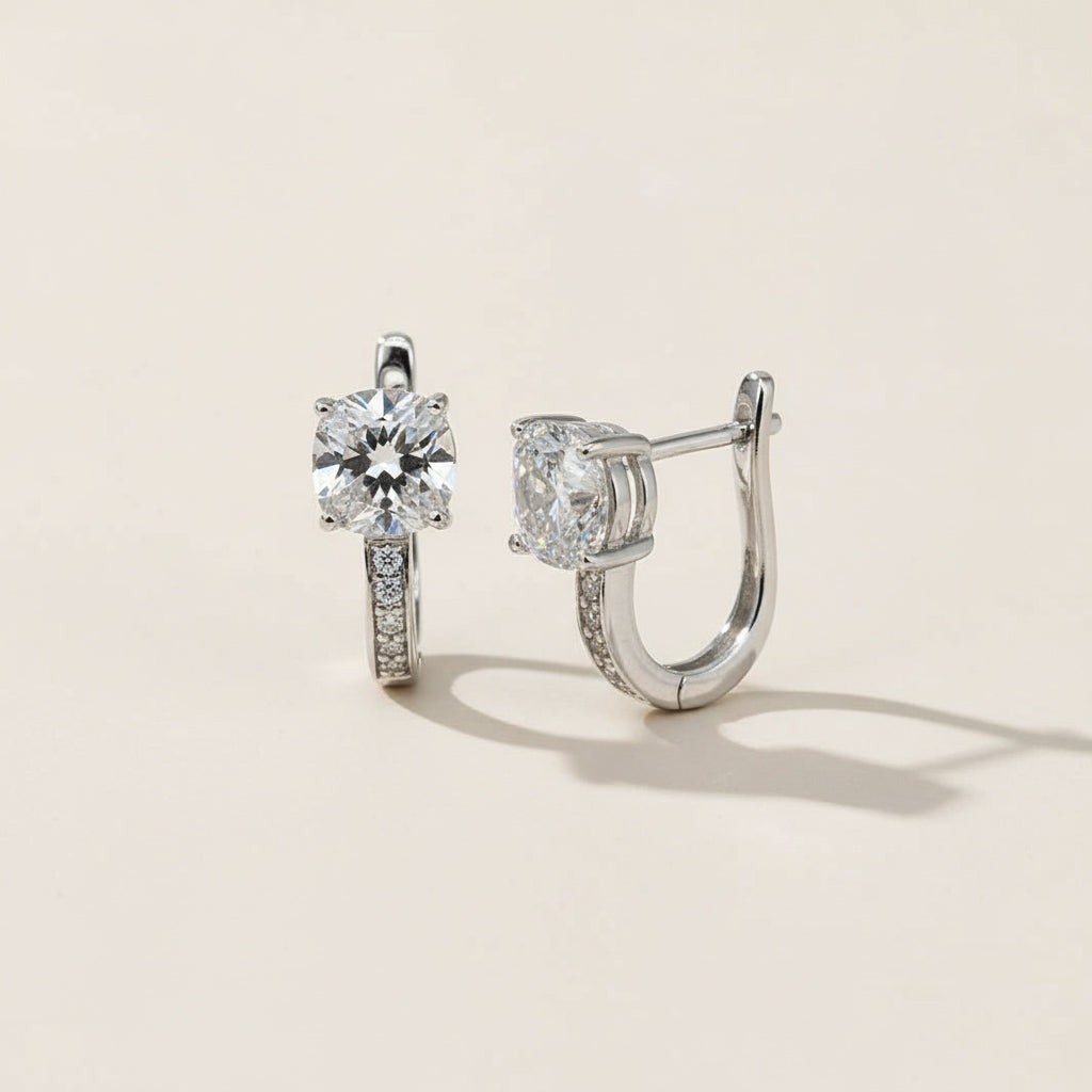 Side angle of 2ct moissanite diamond hoop earrings with pavé detailing
