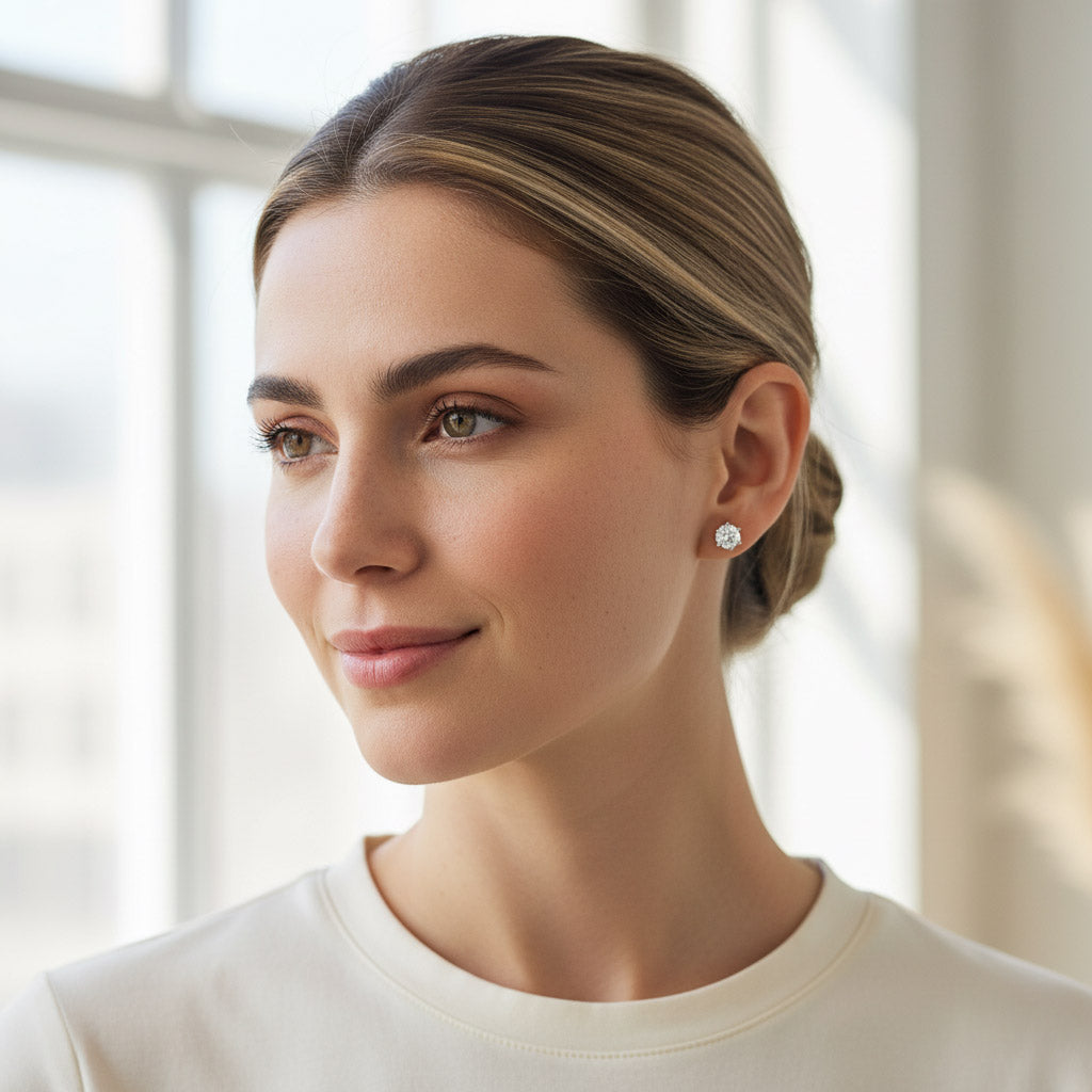 Model wearing platinum-plated silver 1.0 ct lab-grown moissanite stud earrings, D/VVS1 clarity