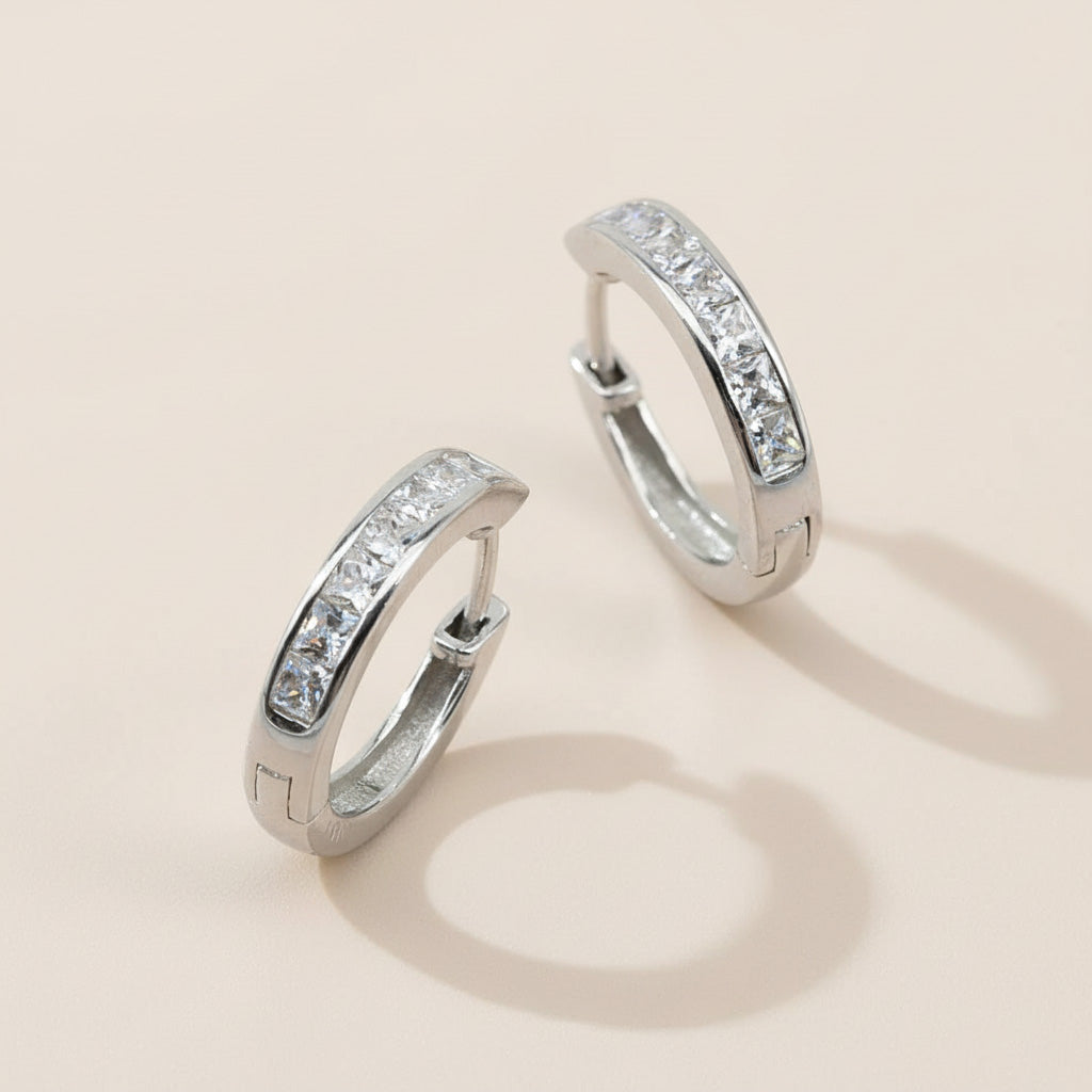 Platinum-plated sterling silver CZ stone hoop earrings, timeless everyday jewelry