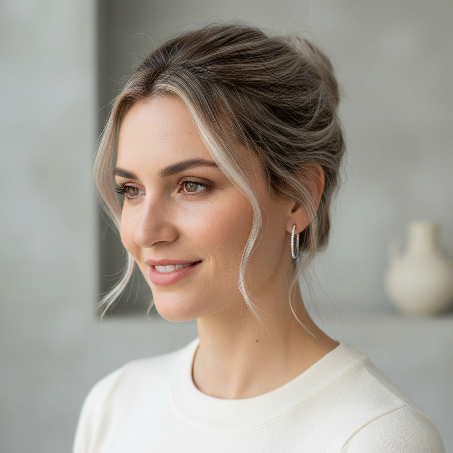 Woman wearing 30mm D/VVS1 lab-grown moissanite hoop earrings in platinum-plated sterling silver, elegant everyday look.