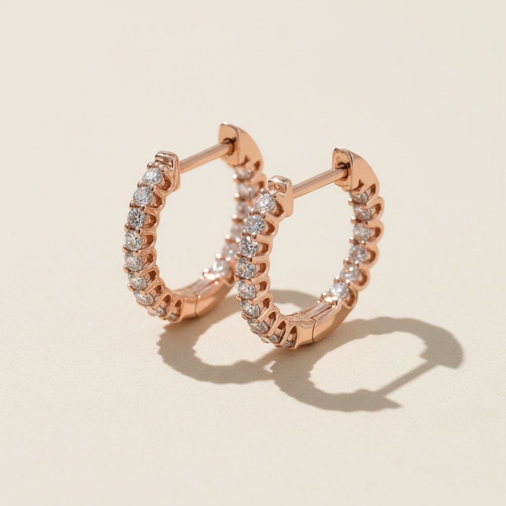 Rose gold-plated sterling silver hoop earrings with round brilliant-cut lab-grown moissanite stones, hinged closure