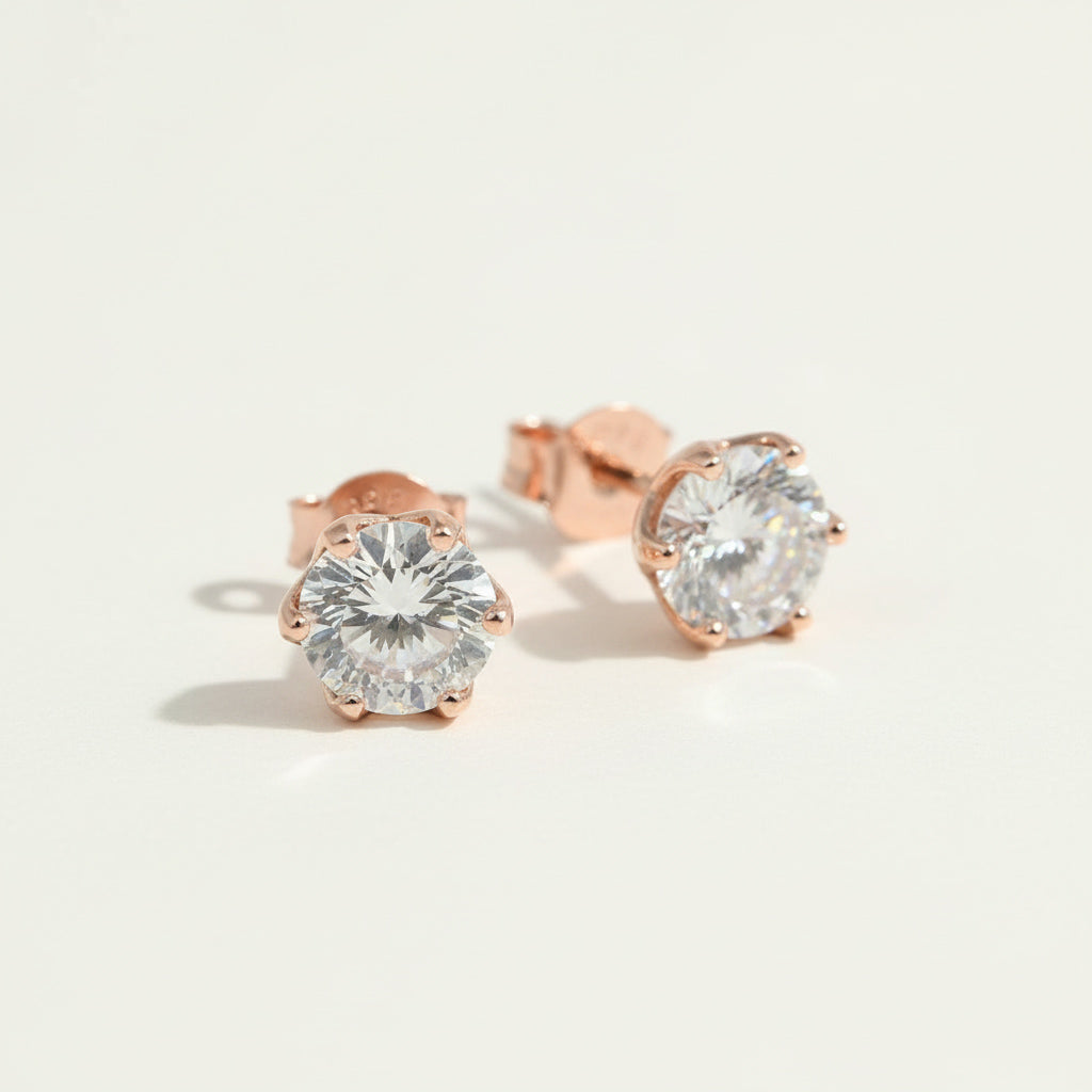Rose gold-plated S925 sterling silver stud earrings with 2ct lab-grown Portuguese-cut diamonds by A2K London.