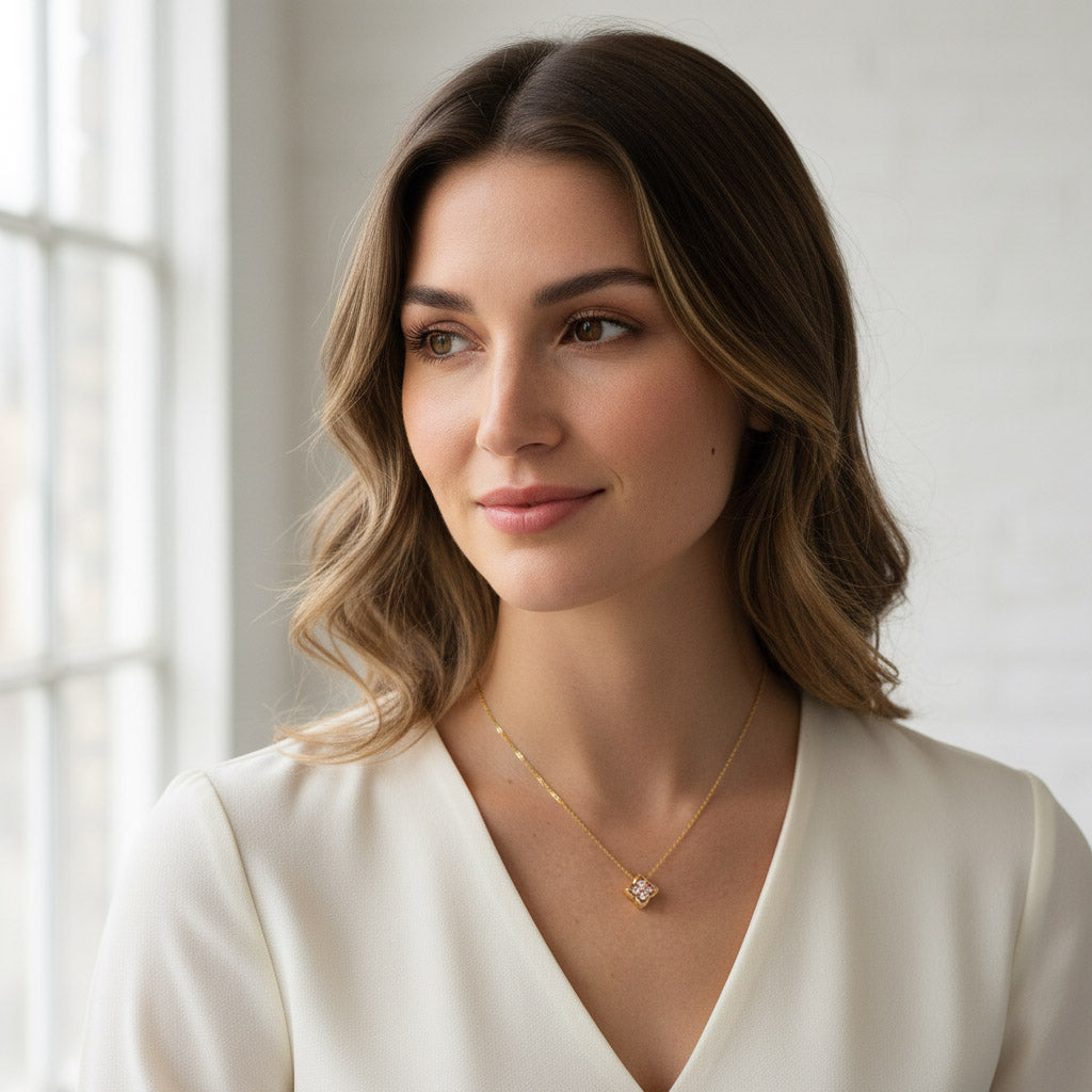 Gold-plated clover pendant with four 3mm moissanite stones worn by a model