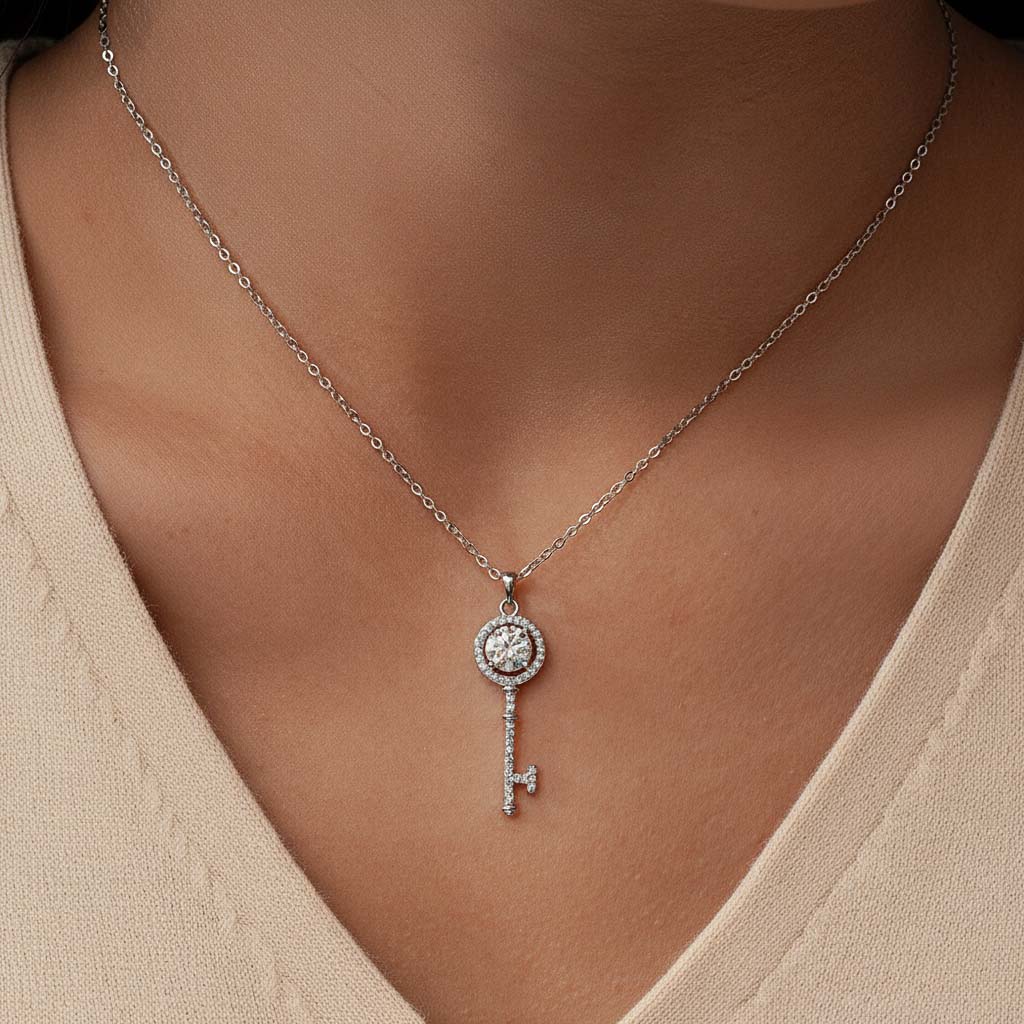 Sterling silver moissanite key pendant necklace worn on model