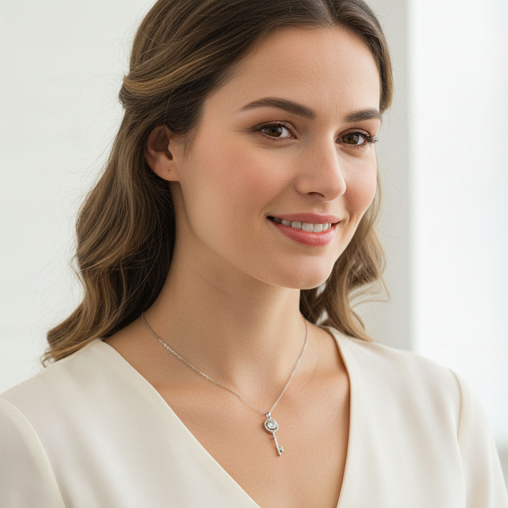 Model wearing sterling silver key necklace with 1ct moissanite center stone