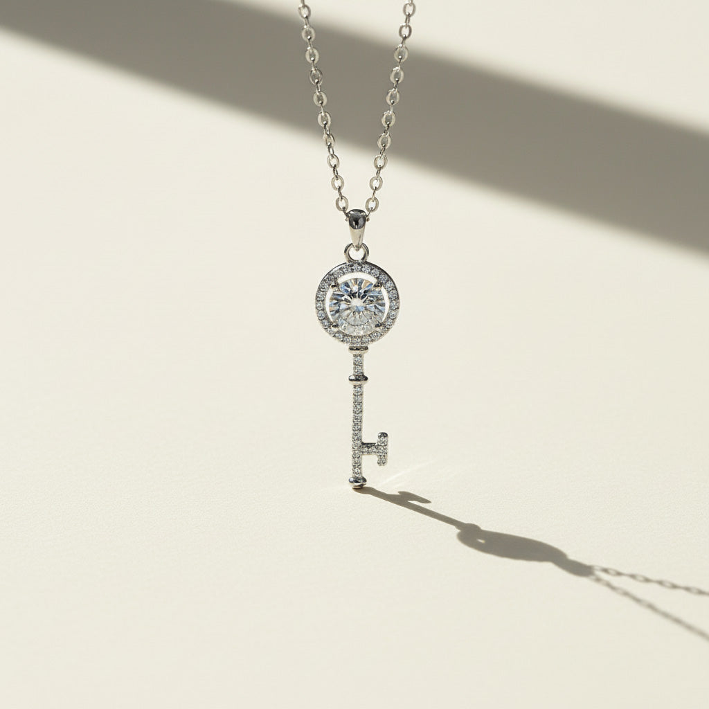 Close-up of moissanite key pendant necklace on light background