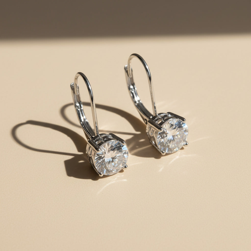 Silver lever-back earrings with 1ct round D/VVS1 lab diamond moissanite.