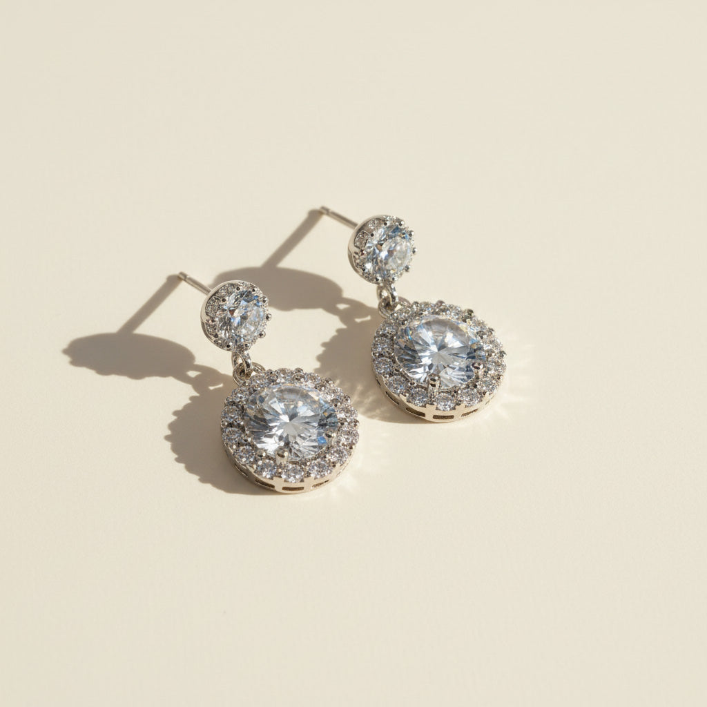 Moissanite halo drop earrings in platinum plated sterling silver, 2.0ct total