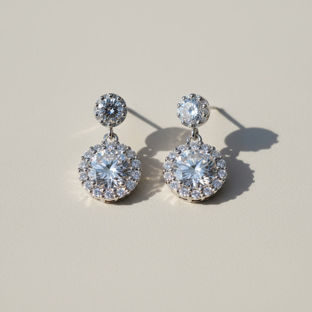Lab grown moissanite halo earrings with brilliant cut stones, minimal luxury design