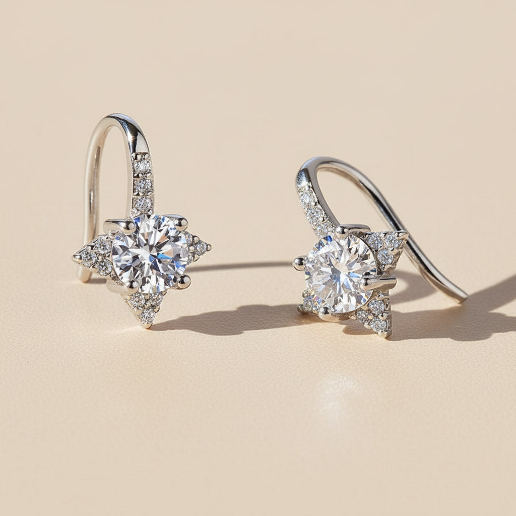 Silver star moissanite earrings with 1ct round stones under natural light