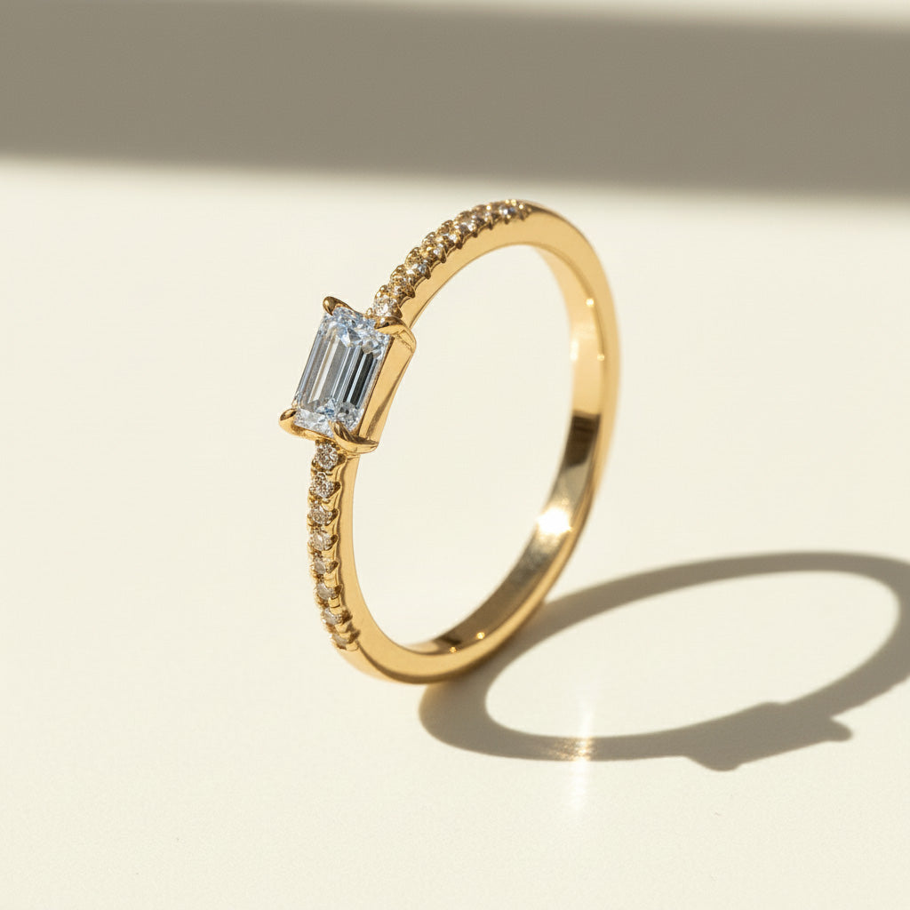 emerald cut moissanite ring 0.5ct silver ring plated gold with pavé band