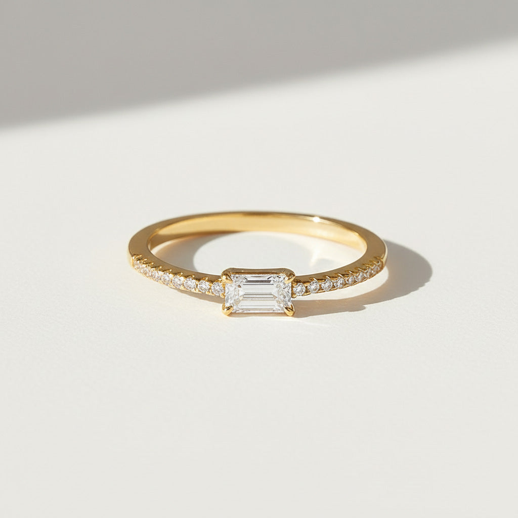 front view emerald cut moissanite ring silver ring plated gold with pave stone