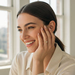 woman wearing emerald cut moissanite ring silver ring plated gold pavé band