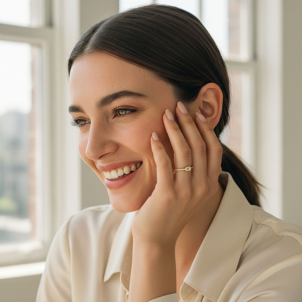 woman wearing emerald cut moissanite ring silver ring plated gold pavé band