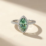 green marquise moissanite halo ring platinum plated silver pavé band