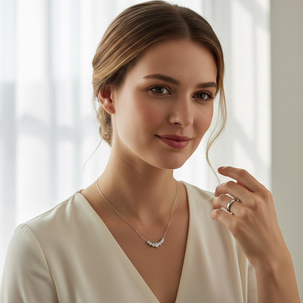 Model wearing sterling silver diamond bar necklace for elegant everyday look