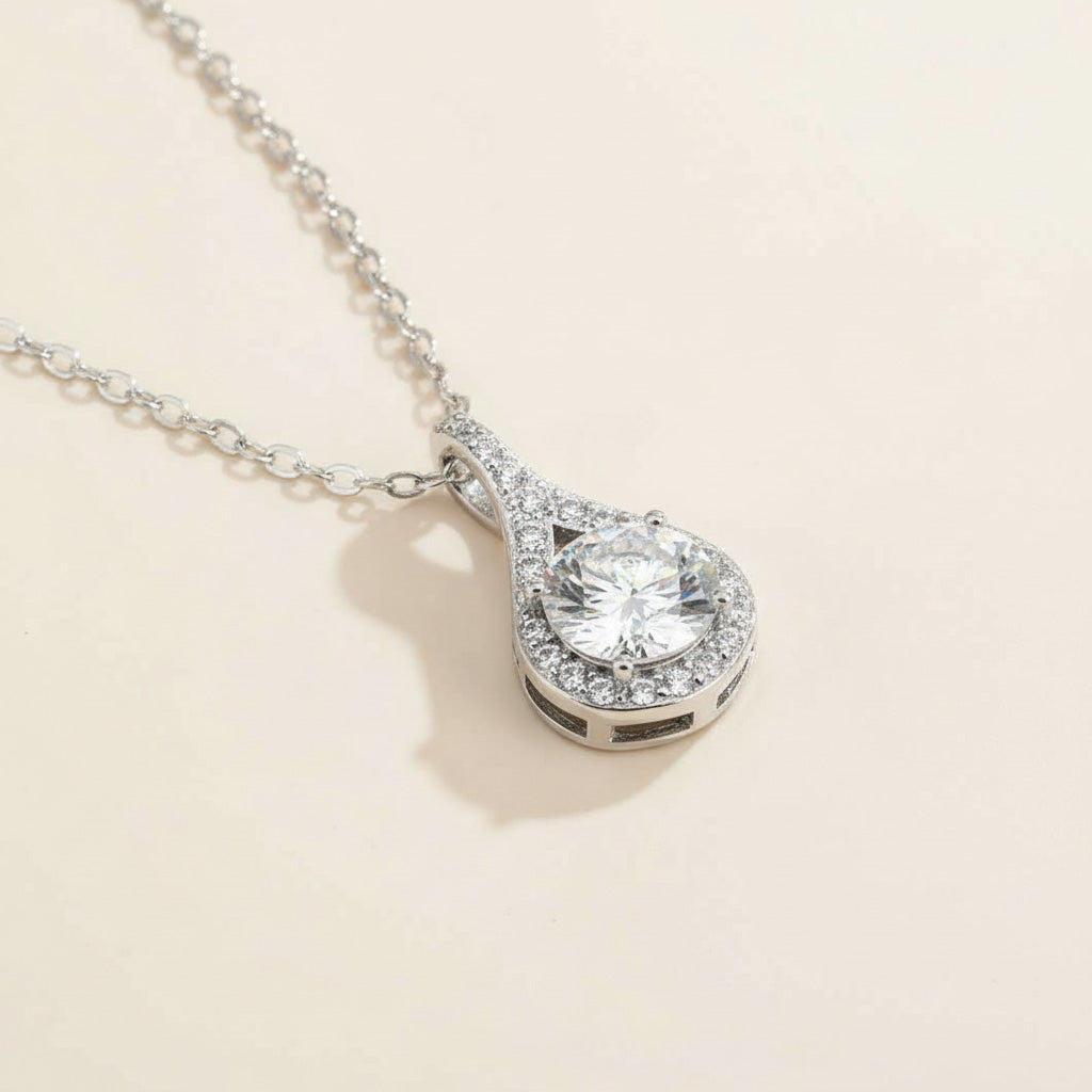 Sterling silver teardrop pendant with 1ct lab-grown diamond and pavé halo design