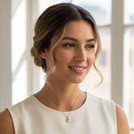 Model wearing teardrop halo diamond necklace in sterling silver, 1ct total weight