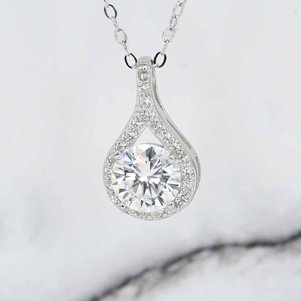 Sterling Silver Brilliant Round Cut Lab Grown Moissanite Diamond Cluster Pear Shaped Pendant Necklace