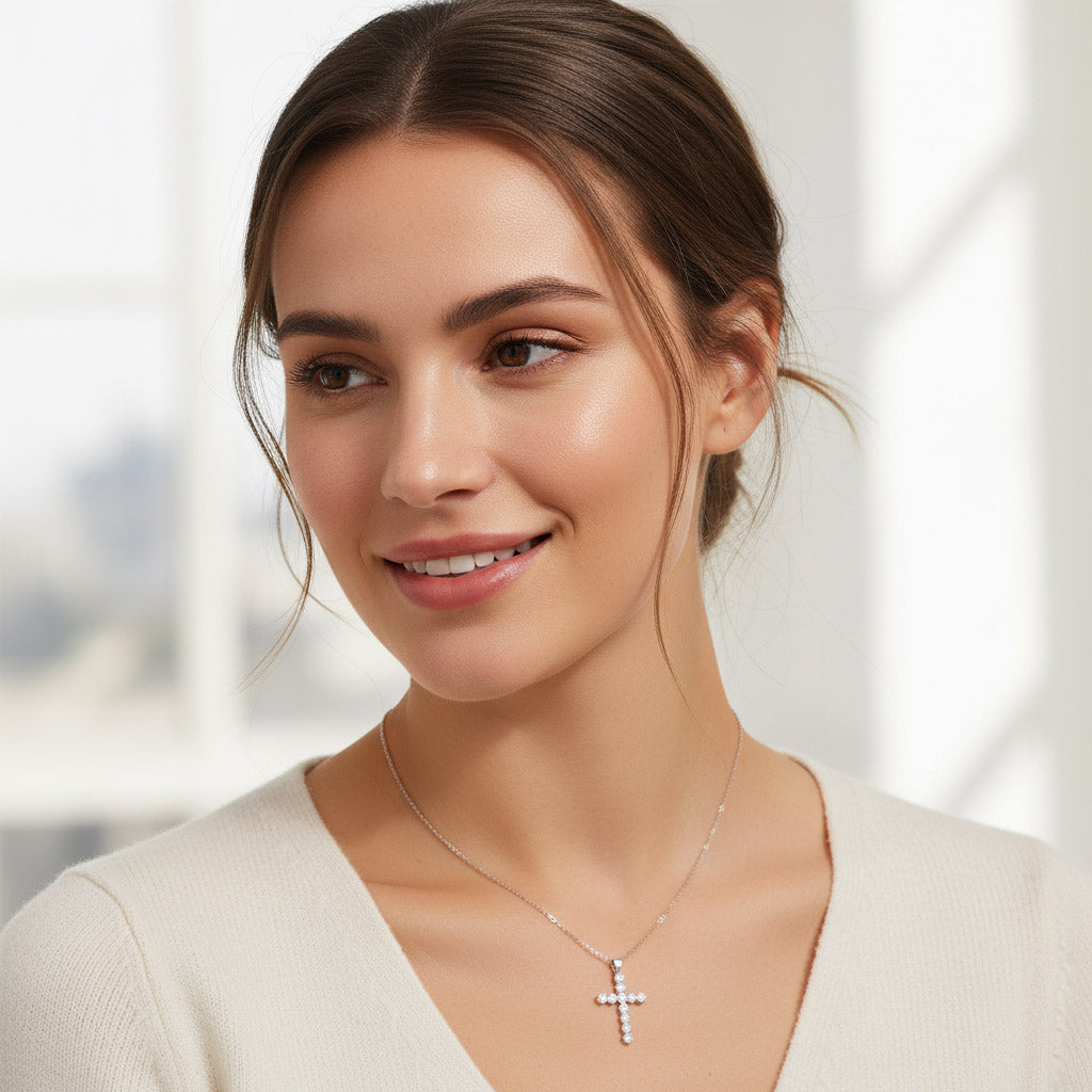 Woman wearing a platinum-plated moissanite cross necklace with elegant sparkle