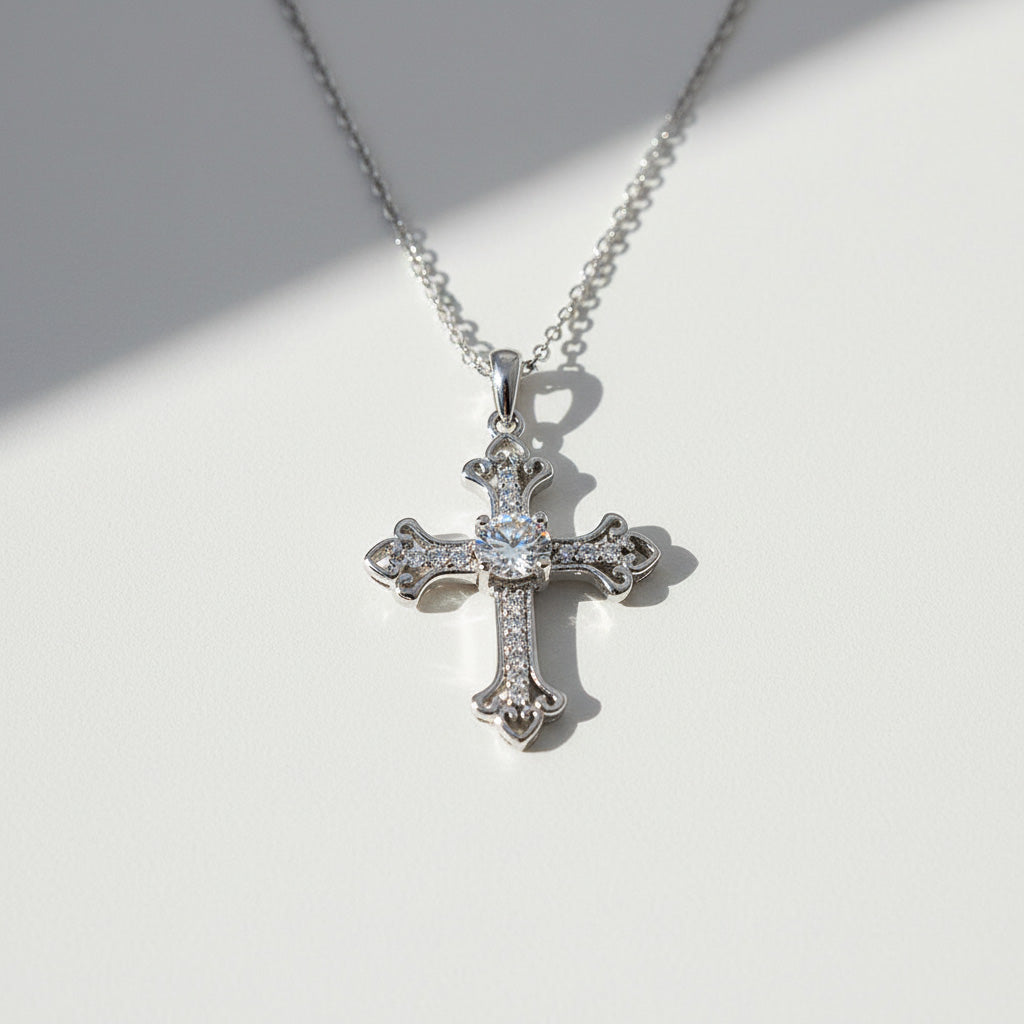 Platinum-plated silver cross necklace with 0.5ct moissanite center stone