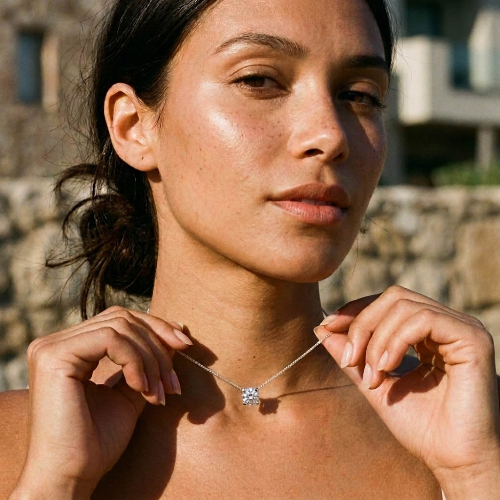 Woman adjusting a moissanite diamond necklace against a blurred outdoor background