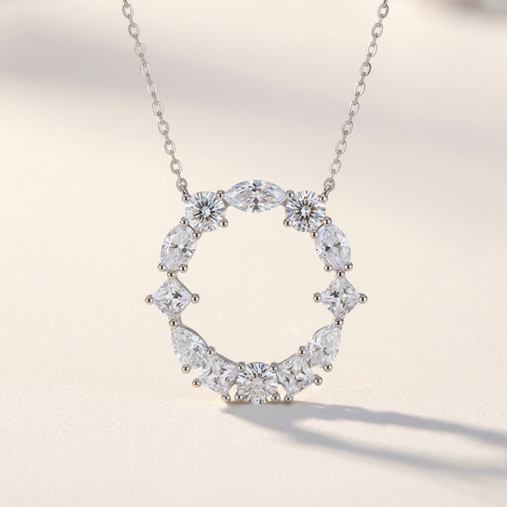 Diamond necklace with a letter 'O' pendant on a light background