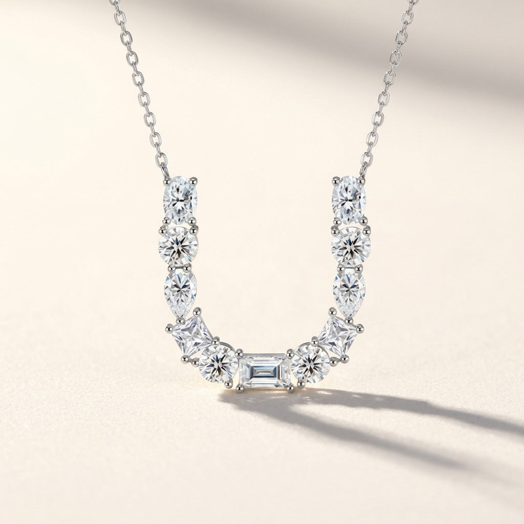 Diamond necklace with a 'U' design on a light background
