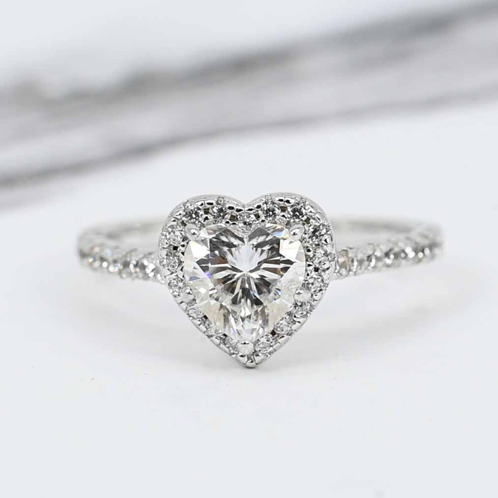 Sterling Silver Lab Grown Heart Shaped Moissanite Diamond Ring