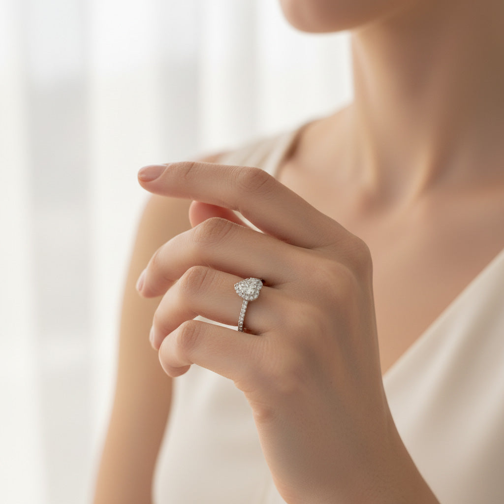 Model wearing heart-shaped lab-grown diamond halo engagement ring in platinum-plated silver